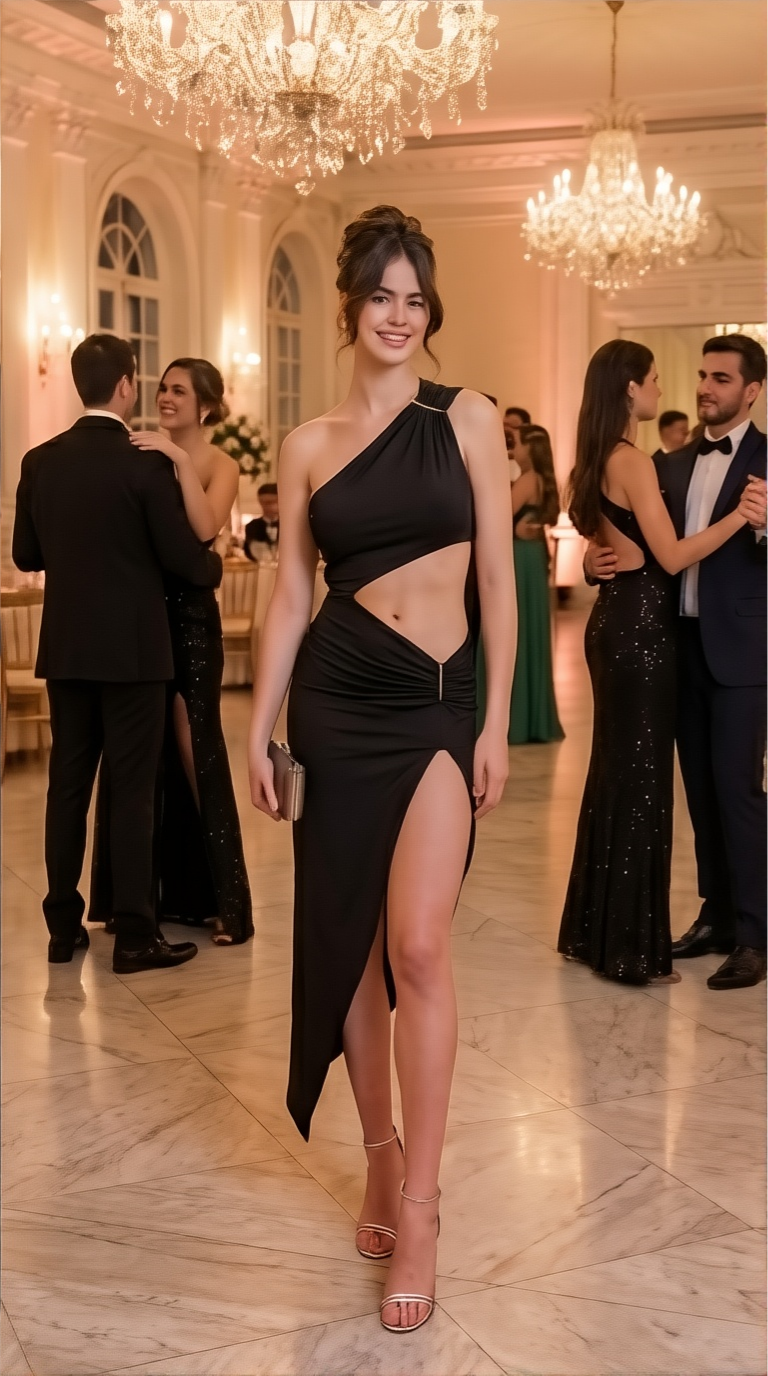 Elegant black bodycon midi dress styled for cocktail party nights