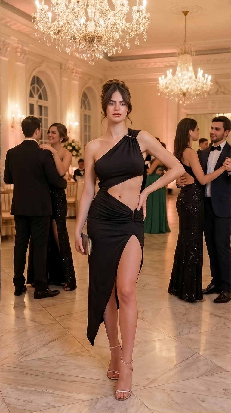 Black One Shoulder Cutout Midi Dress with High Slit