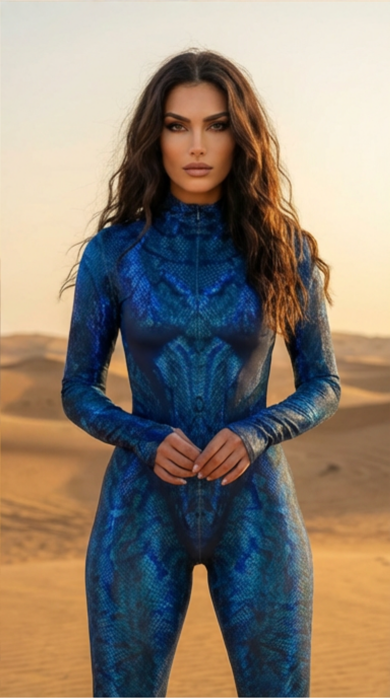 Blue snakeskin bodysuit worn at festival with long sleeves and mock neck