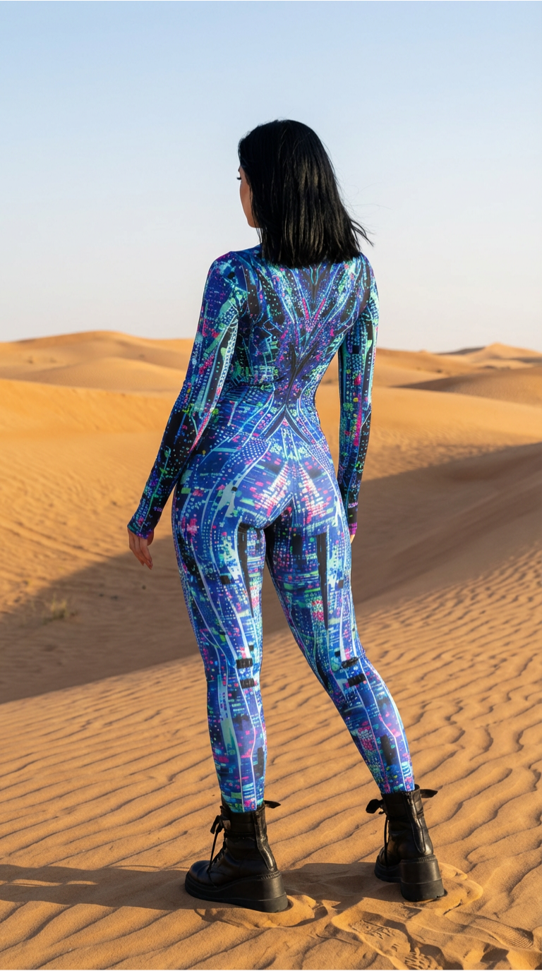 Futuristic cyberpunk catsuit with blue neon glitch design
