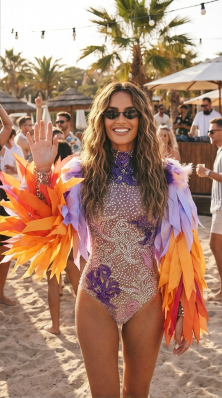 Festival Feather Rhinestone Bodysuit with Wing Sleeves