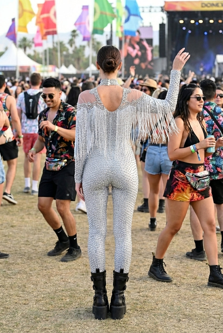 Rhinestone fringe festival jumpsuit worn at outdoor rave event
