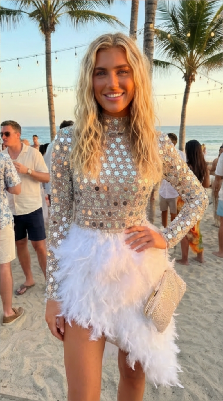 Gold sequin feather party dress with long sleeves and high slit