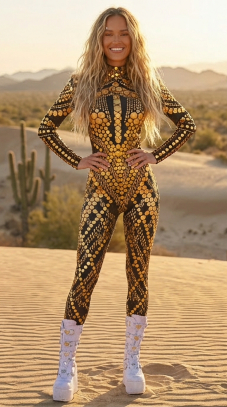 Gold Sequin Rhinestone Party Jumpsuit with Long Sleeves