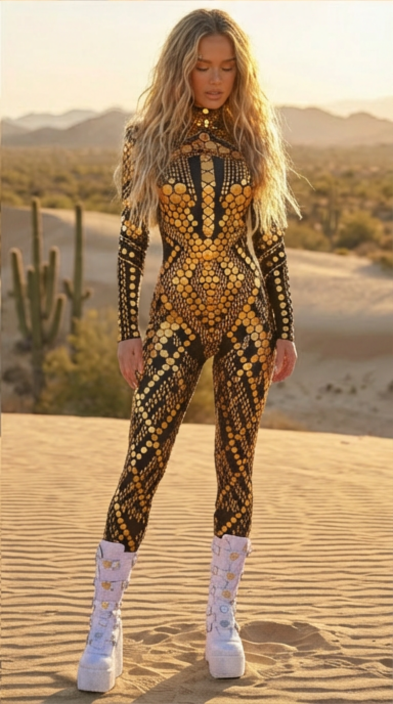 Gold Sequin Rhinestone Party Jumpsuit with Long Sleeves