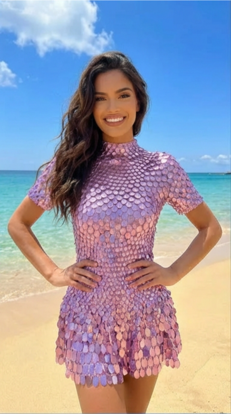 Metallic Purple Sequin Party Dress with Flared Mini Skirt