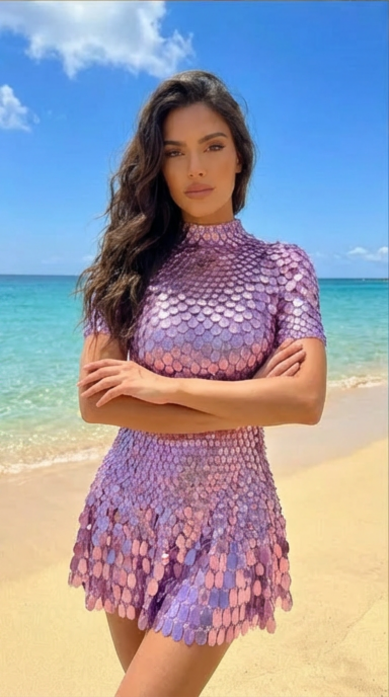 Metallic Purple Sequin Party Dress with Flared Mini Skirt