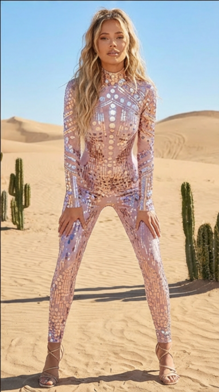 Mirror Sequin Rhinestone Festival Jumpsuit with High Neck