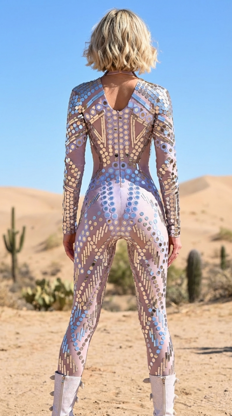 Mirror Sequin Rhinestone Festival Jumpsuit with High Neck