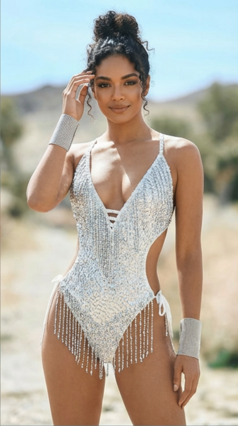 Silver Sequin Pearl Fringe Festival Bodysuit with Halter Neck