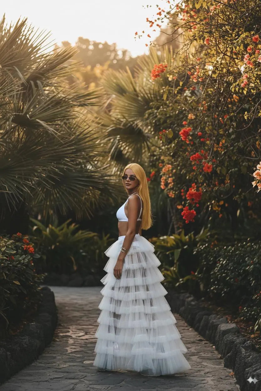 Boho White Tulle Maxi Skirt Set for Festivals & Beach Events