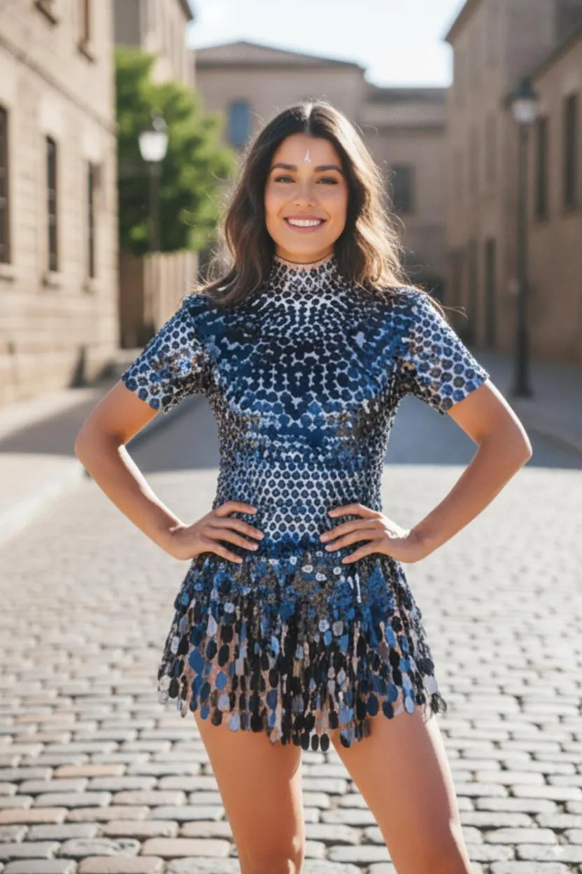 Black Metallic Party Dress with Shell Sequins – Flared Festival Mini