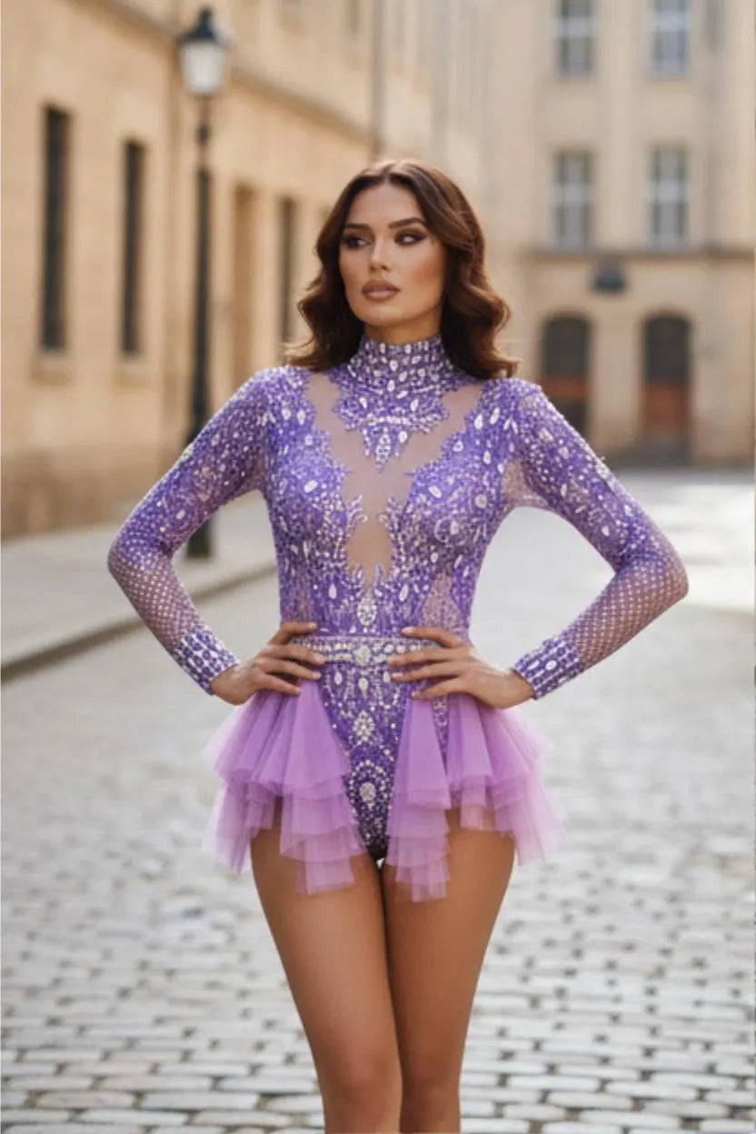Purple Rhinestone Bodysuit Sparkly Festival Costume with Tulle Skirt