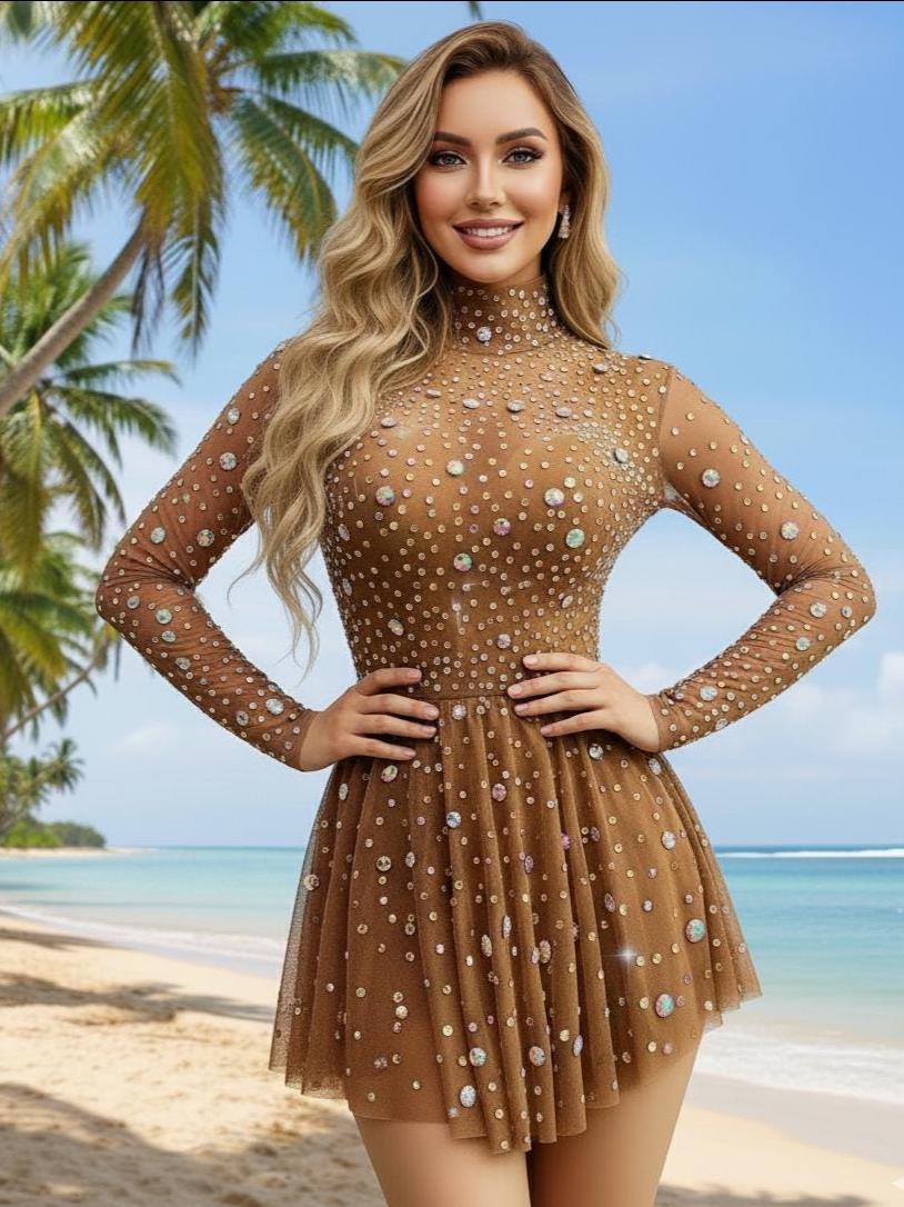 Coffee Rhinestone Mini Dress – Long Sleeve Sequin Party Outfit