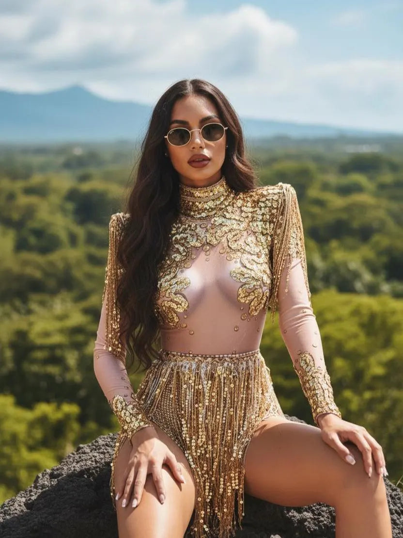 gold sequin fringe party dress with sheer mesh and long sleeves