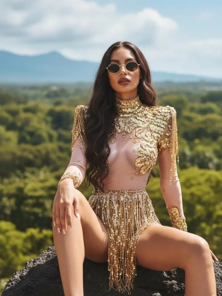 Gold Sequin Fringe Mesh Party Dress for Women