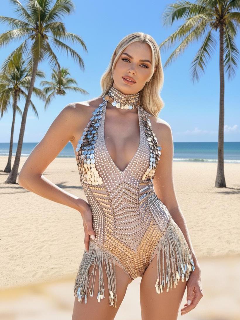 Rhinestone Fringe Bodysuit – Luxury Sequin Dance Costume