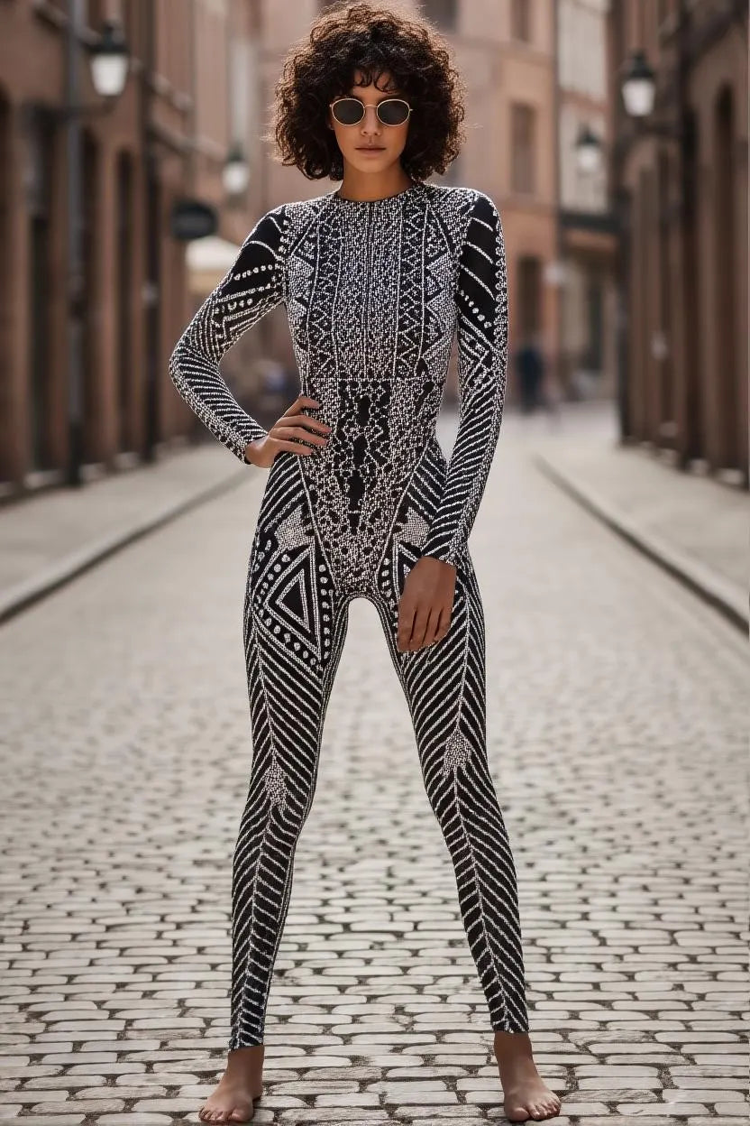 Rhinestone Jumpsuit Black, Luxury Handsewn Stretch Mesh Catsuit, Sheer Festival Outfit, Sparkly Birthday & Party Jumpsuit for Women