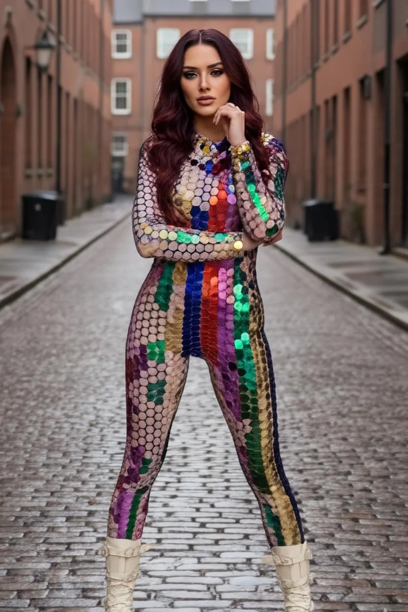 Sequin Mirror Jumpsuit featuring hand-applied multicolour hexagon mirror sequins on a stretch spandex catsuit.