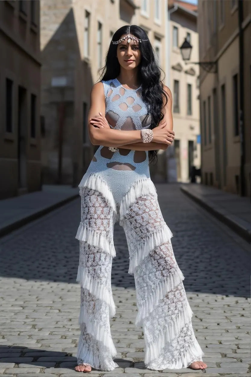 Handmade Crochet Tassel Jumpsuit – Pearl Rhinestone Bodysuit | Festival Outfit