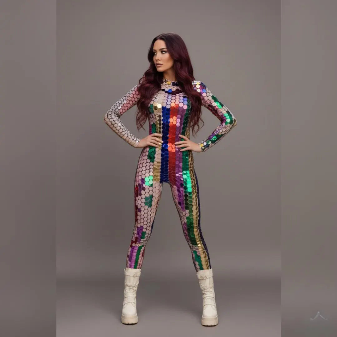 Sequin Mirror Jumpsuit • Multicolour Rave Catsuit, Stage Costume