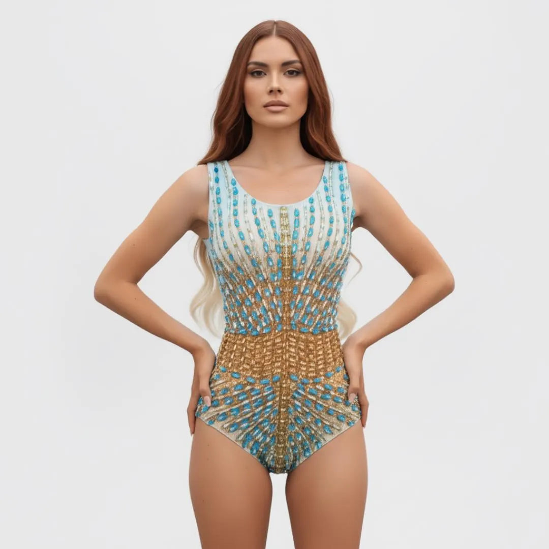 Gold Blue Rhinestone Bodysuit for Festivals | Sheer Mesh Style