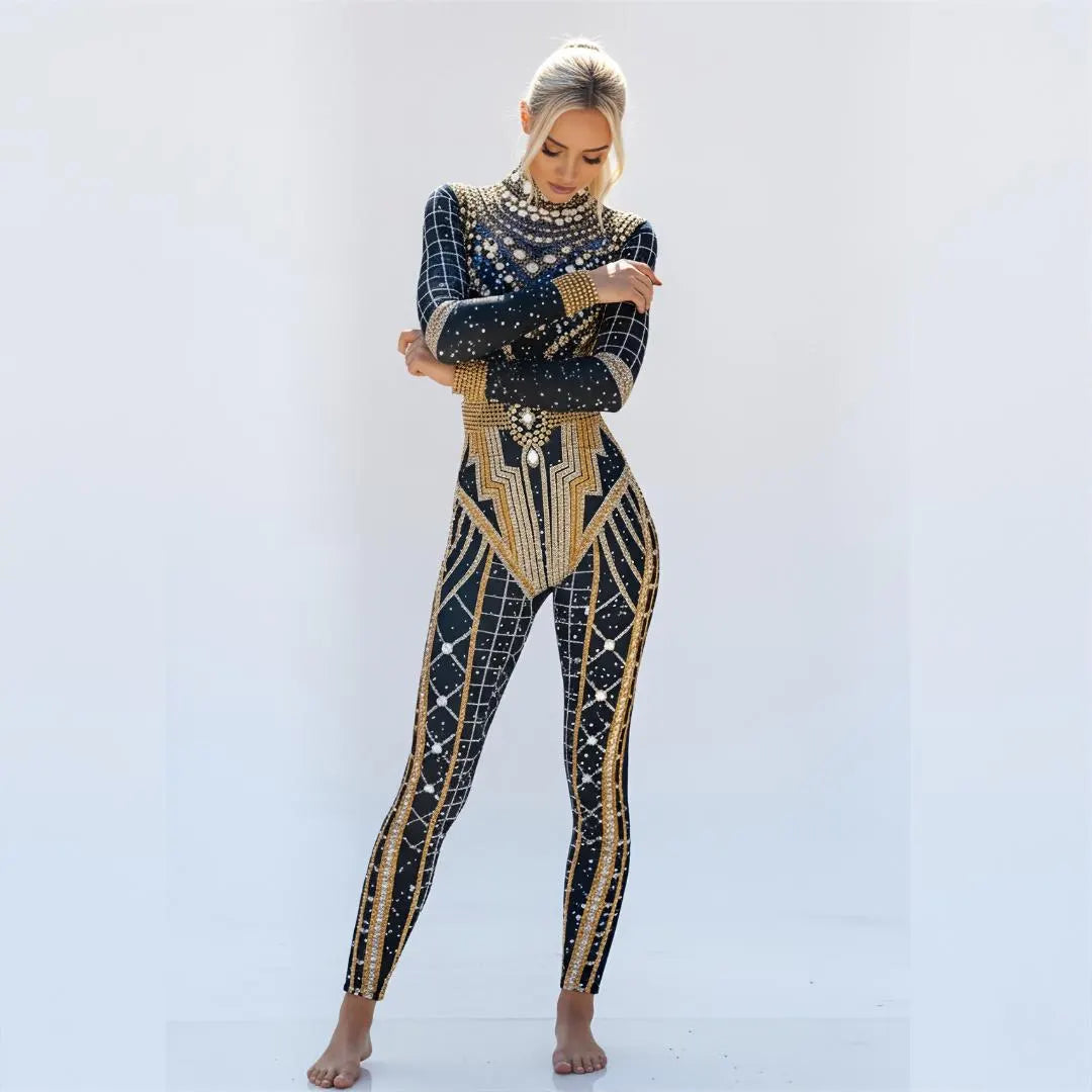 Luxury Rhinestone Jumpsuit – Black Bodysuit with Sparkling Detailing
