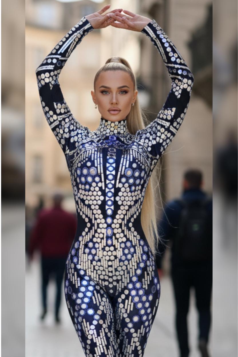Silver reflective catsuit worn by woman in futuristic festival styling
