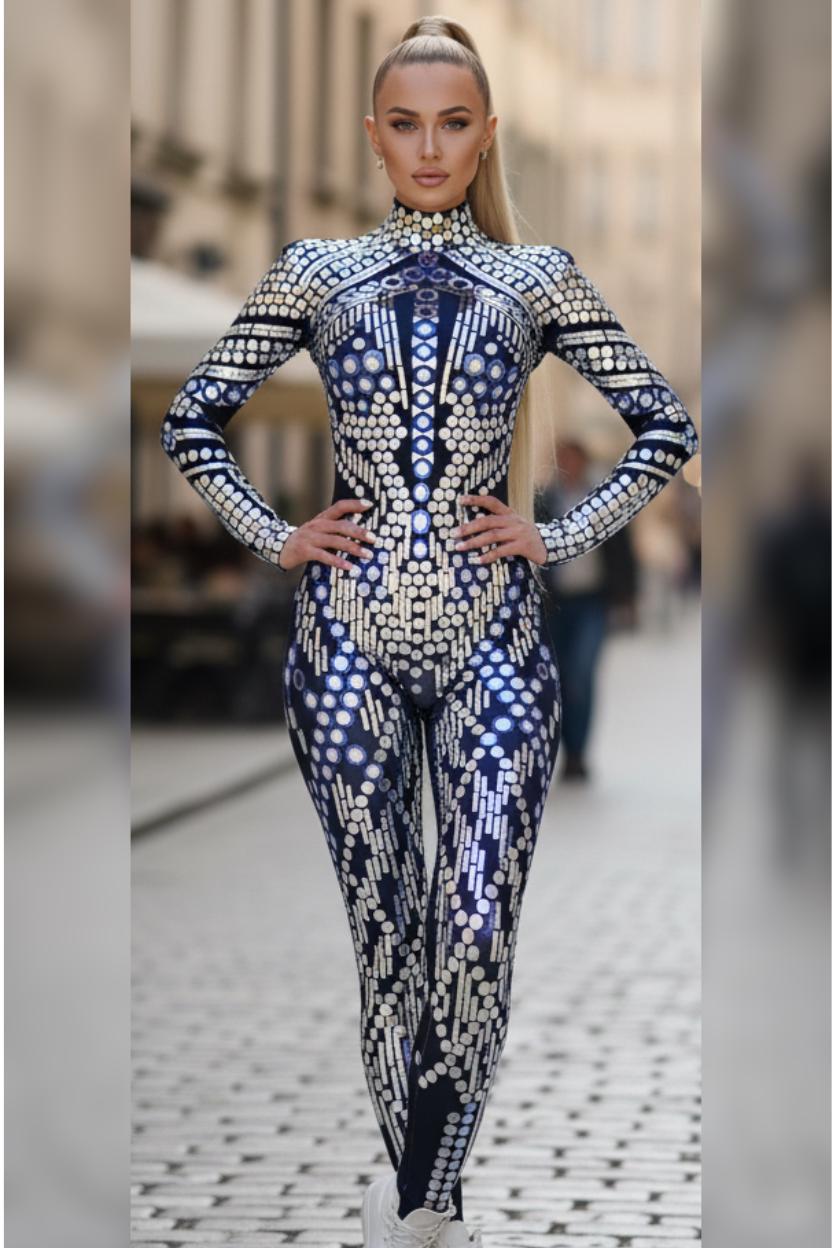Silver Reflective Catsuit Jumpsuit for Futuristic Festival Looks