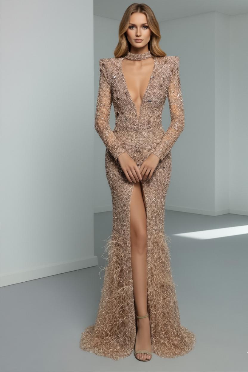 Beaded Gown with Feather Train featuring hand-placed crystals and a luxurious floor-length feathered hem.