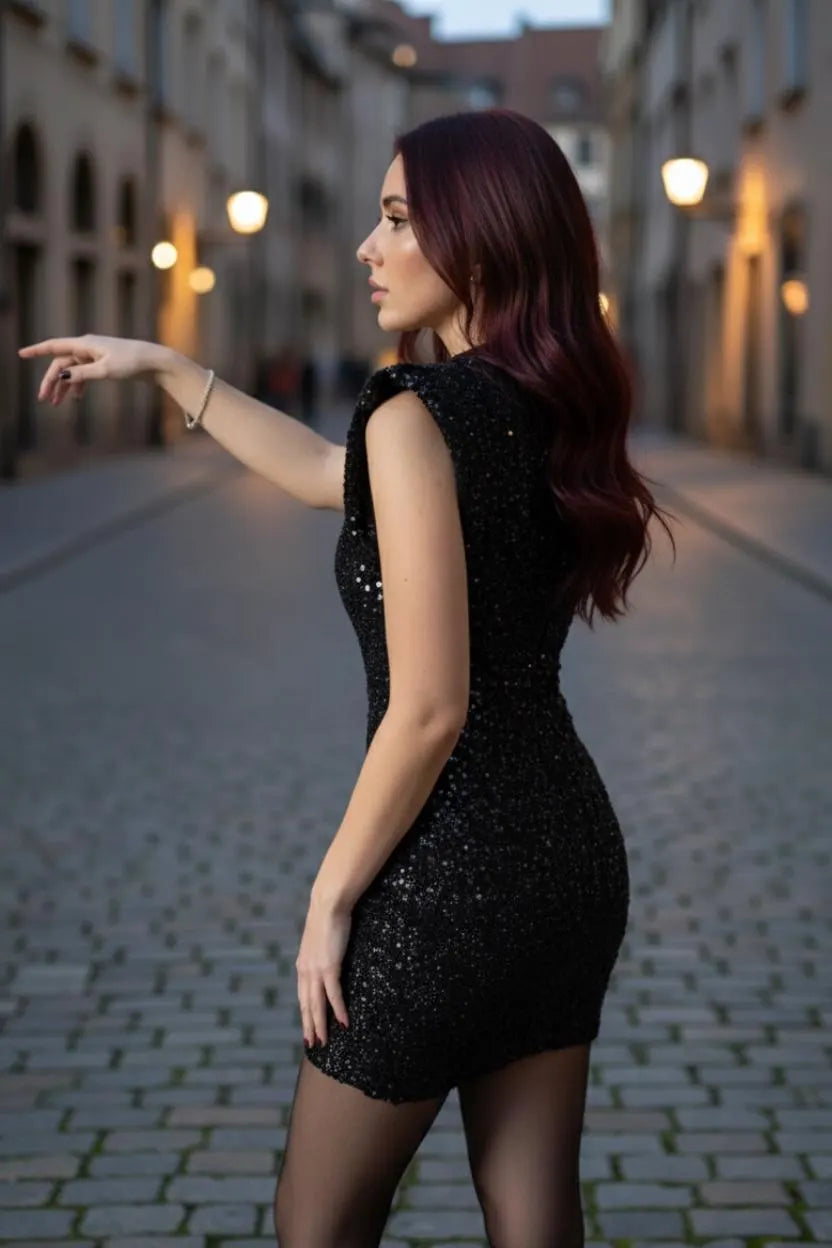 Black Sequin Mini Bodycon Dress  Cutout Back, Padded Shoulders