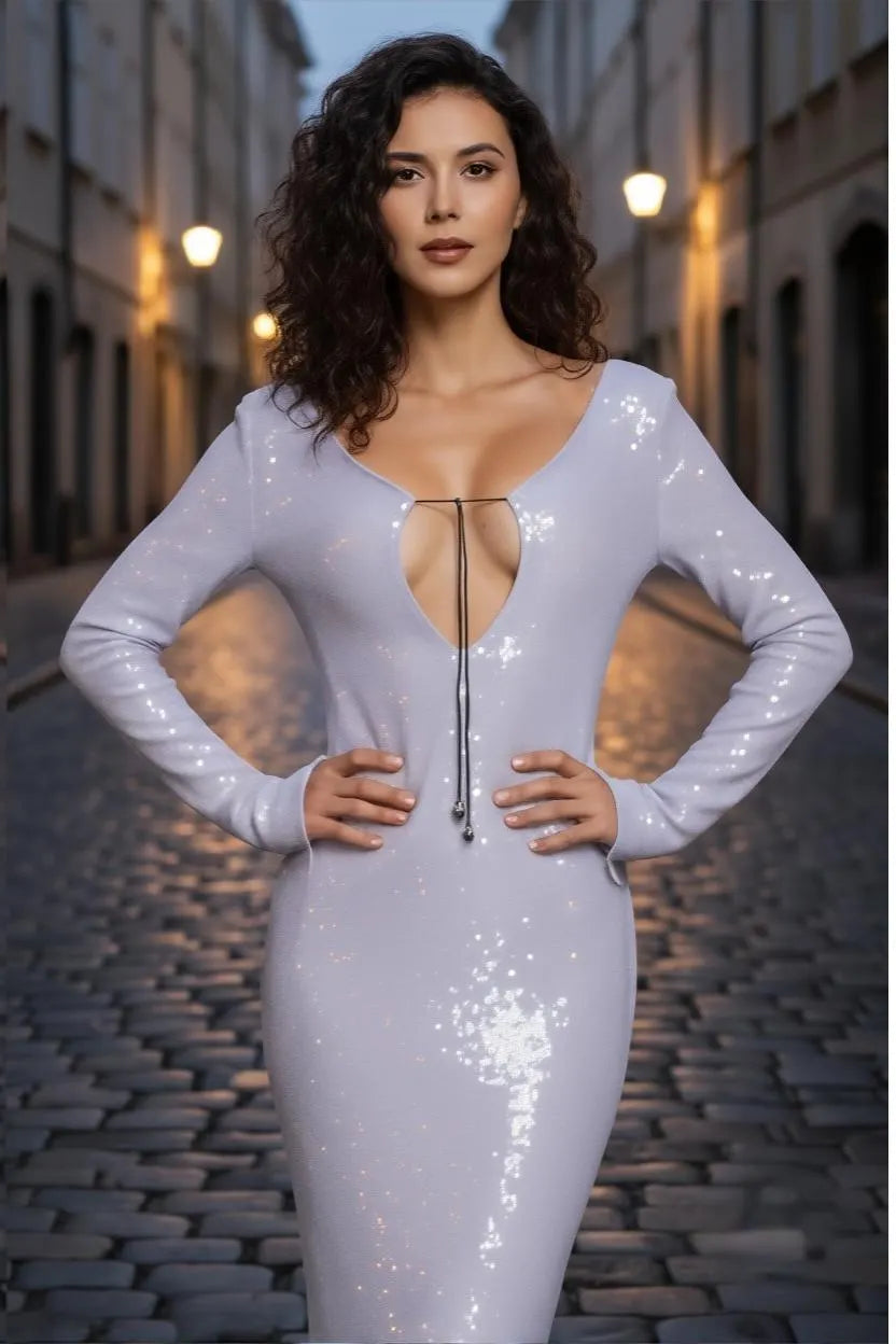 Lilac Sequin Midi Dress | Long Sleeve Backless Bodycon