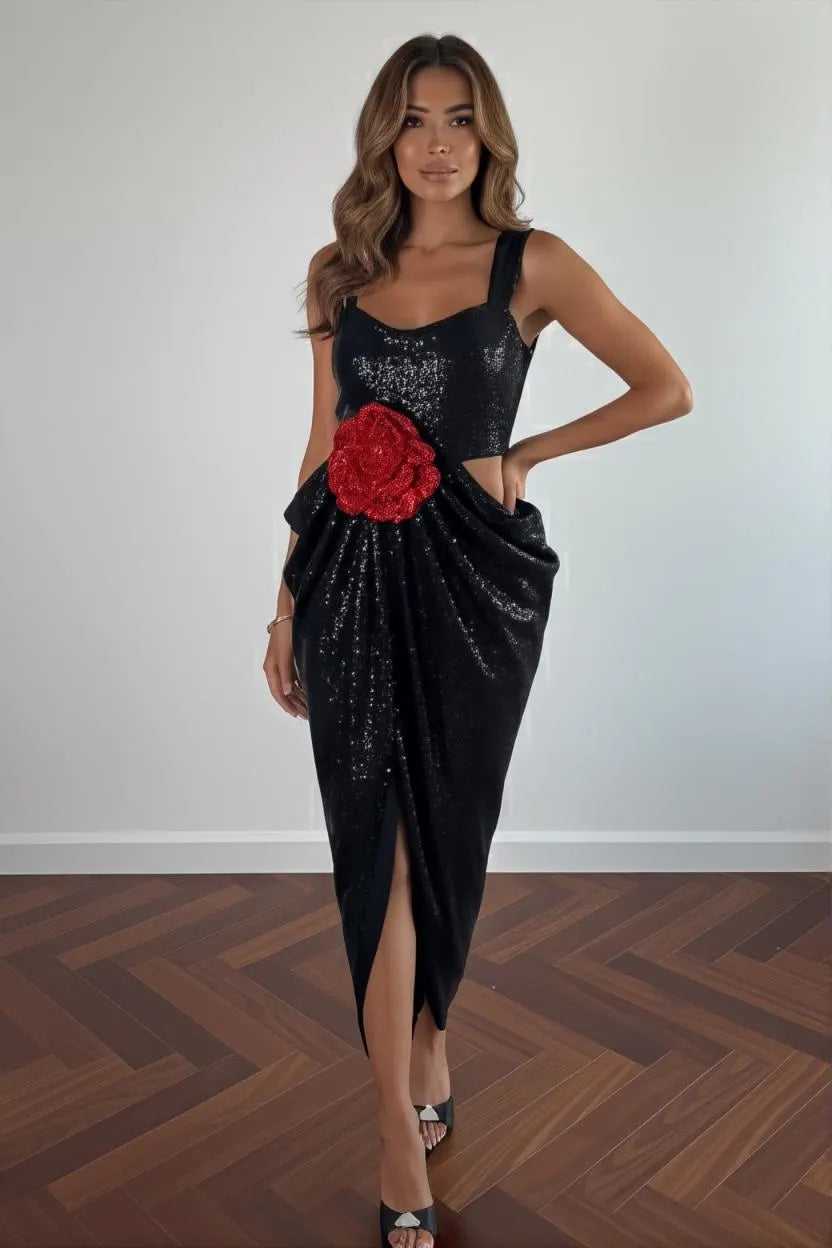 Black Sequin Midi with Red Rose detail featuring dramatic waist cutouts and a shimmering bodycon fit.