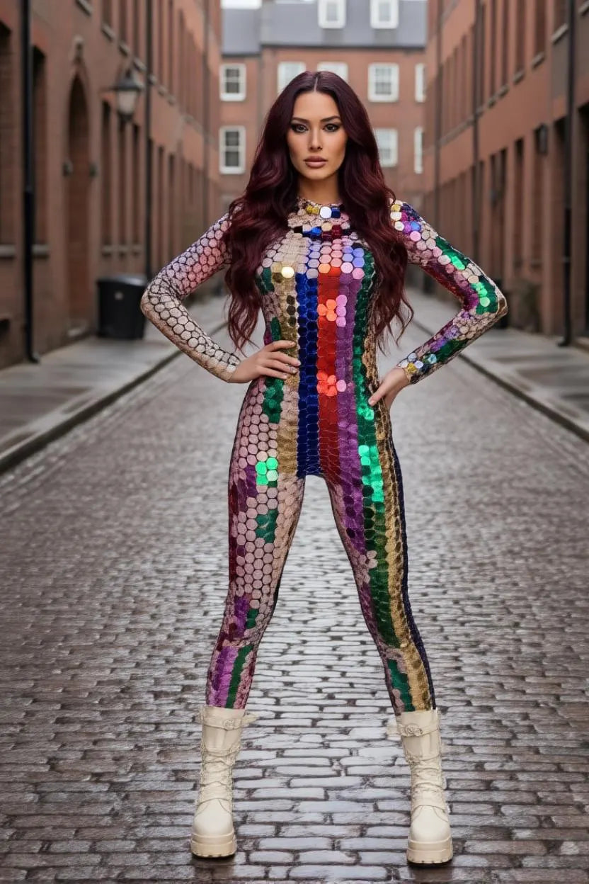 Sequin Mirror Jumpsuit • Multicolour Rave Catsuit, Stage Costume