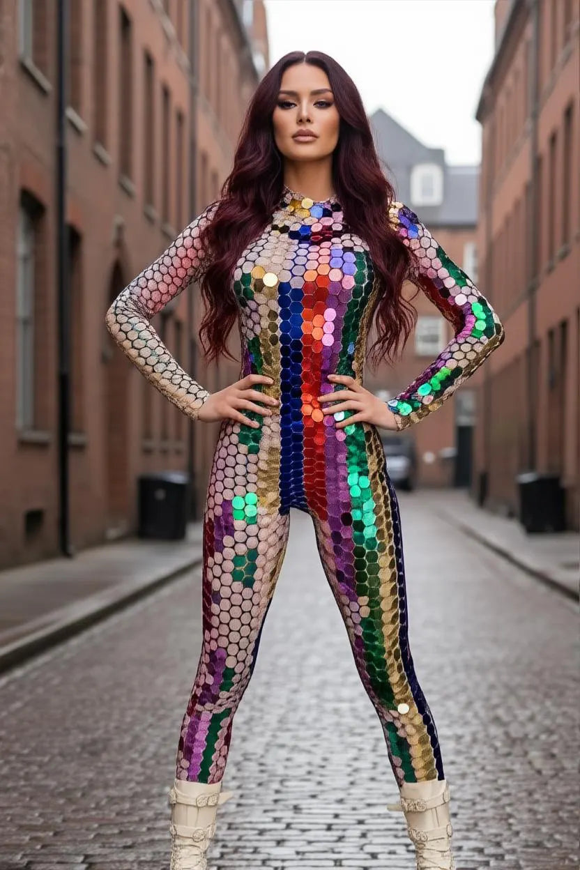 Sequin Mirror Jumpsuit • Multicolour Rave Catsuit, Stage Costume