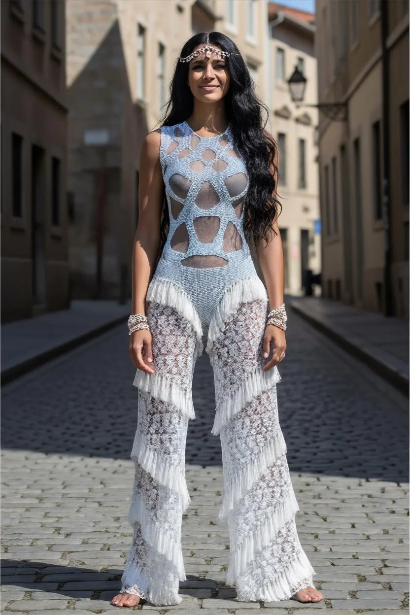 Handmade Crochet Tassel Jumpsuit – Pearl Rhinestone Bodysuit | Festival Outfit