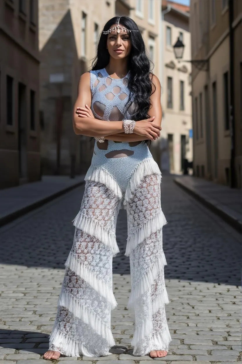 Handmade Crochet Tassel Jumpsuit – Pearl Rhinestone Bodysuit | Festival Outfit
