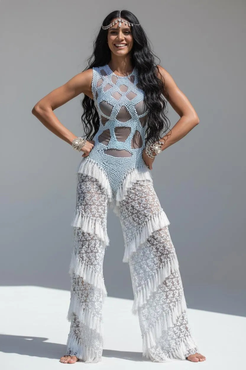 Handmade Crochet Tassel Jumpsuit – Pearl Rhinestone Bodysuit | Festival Outfit