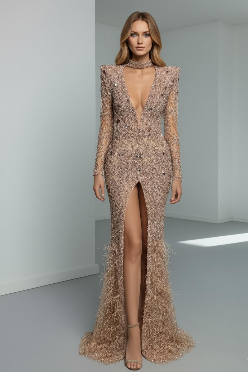Beaded Gown with Feather Train | Luxury Crystal Embellished Gown | Evening Dress | Wedding | Formal Event | Red Carpet Outfit
