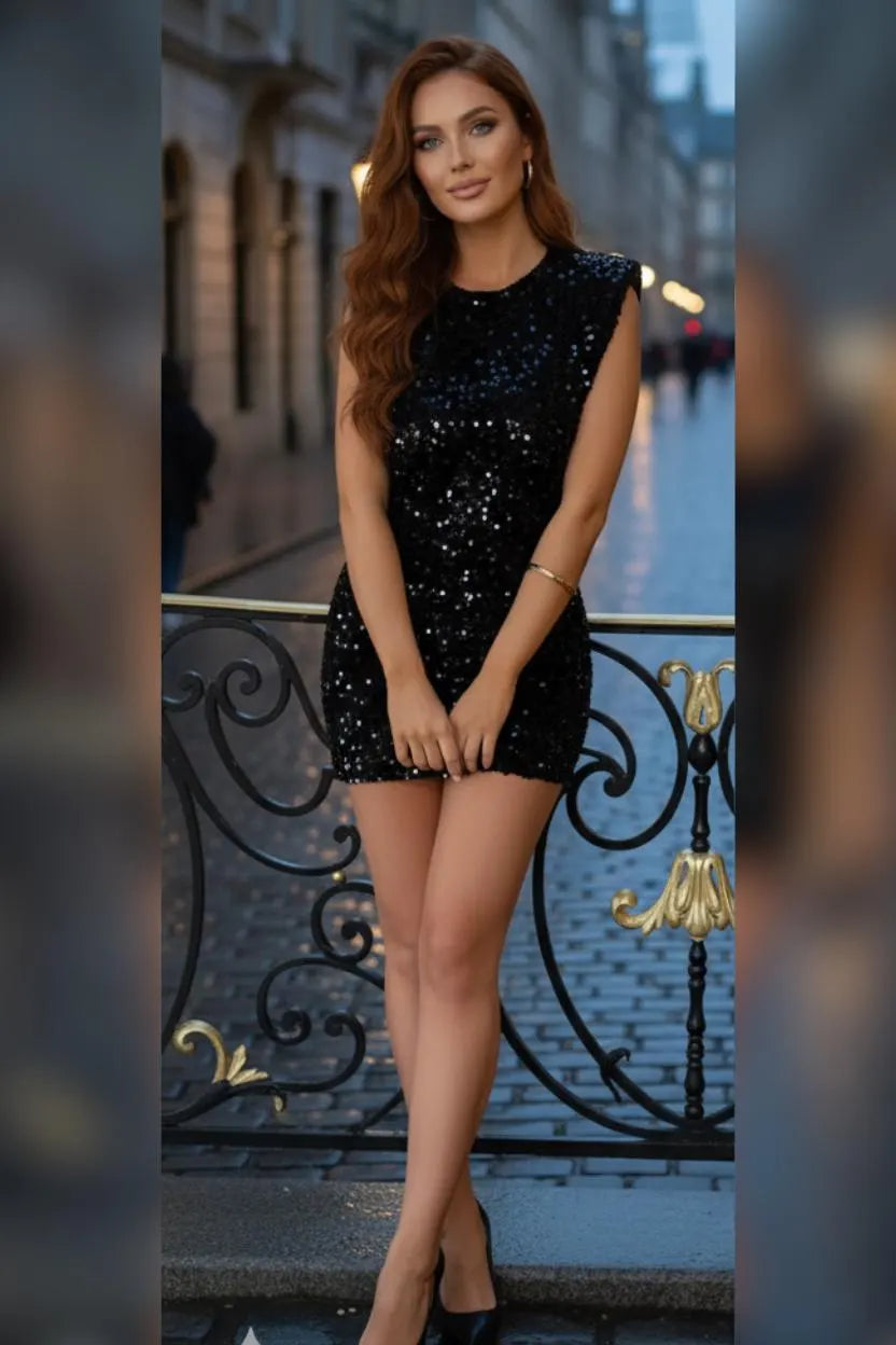 Black Sequin Mini Bodycon Dress  Cutout Back, Padded Shoulders