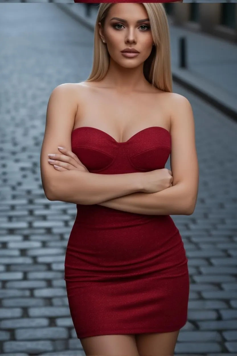 Handmade Red Glitter Corset Mini Dress | Strapless Bodycon