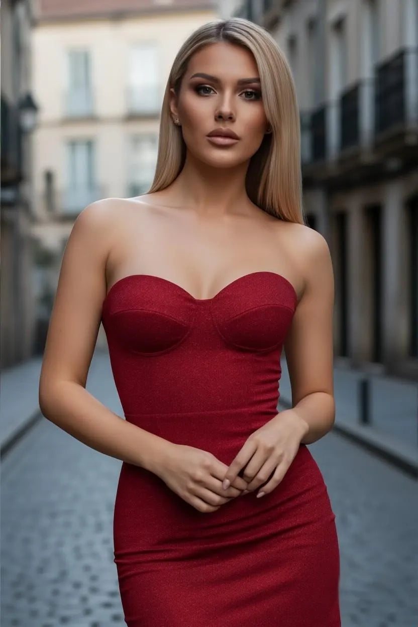 Handmade Red Glitter Corset Mini Dress | Strapless Bodycon
