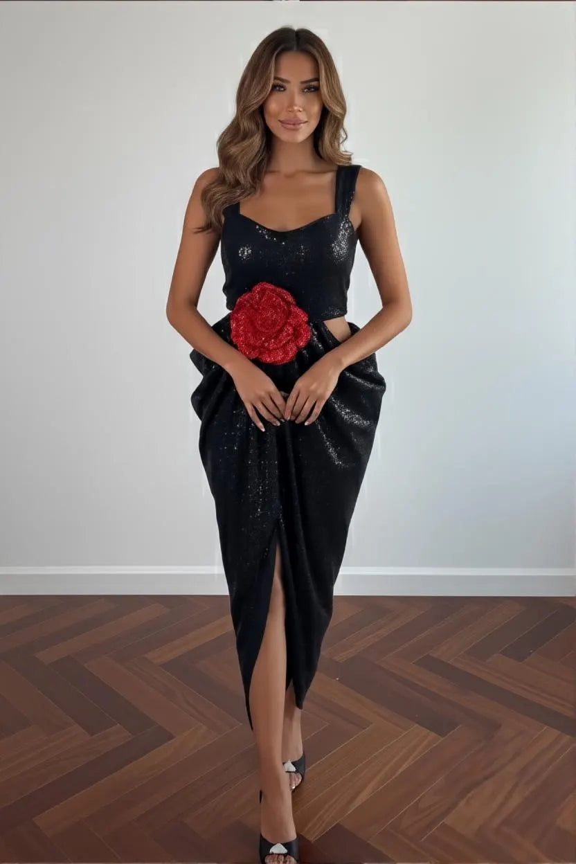 Black Sequin Midi Gown | Red Rose, Cutout Waist, Slit