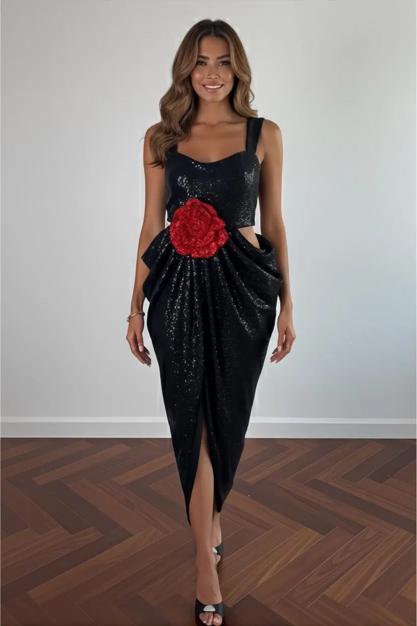 Black Sequin Midi Gown | Red Rose, Cutout Waist, Slit