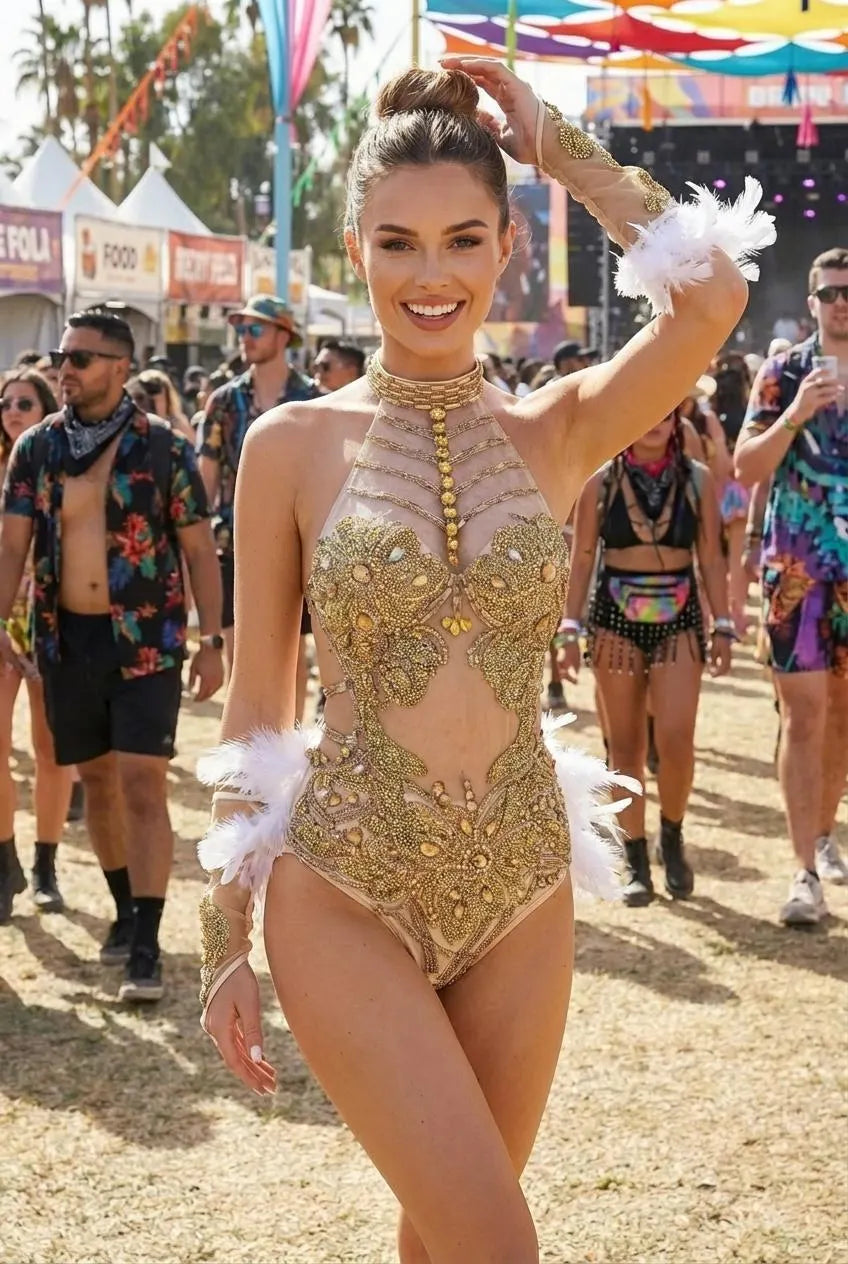 Gold rhinestone bodysuit with feathered accessories worn at a festival