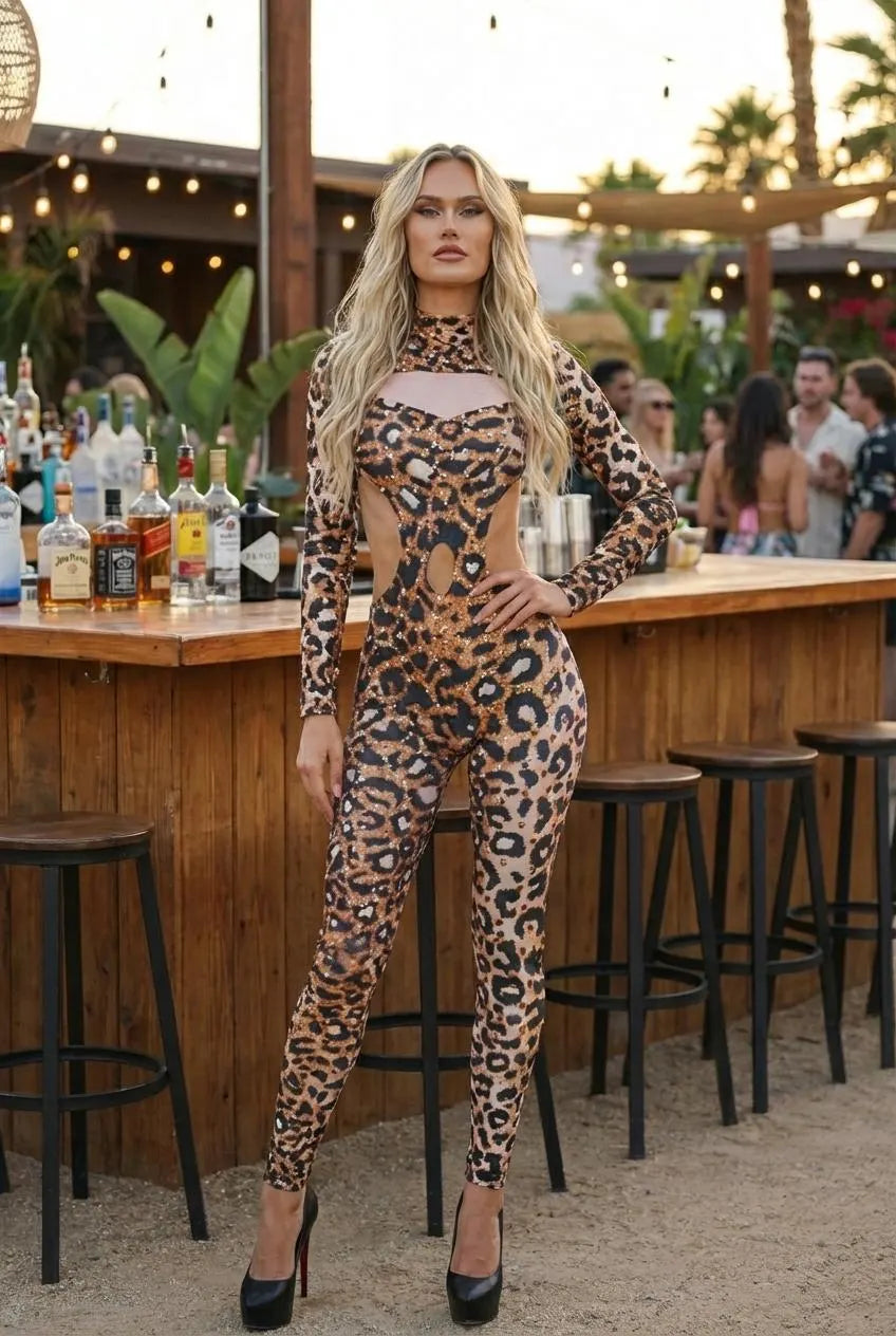 Leopard rhinestone jumpsuit with cut-out design for rave and party wear