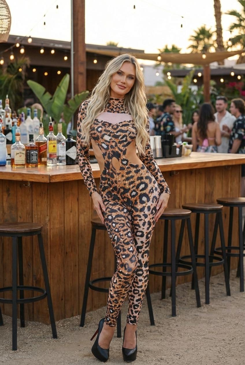 Leopard Rhinestone Cut-Out Jumpsuit for Rave & Party Wear