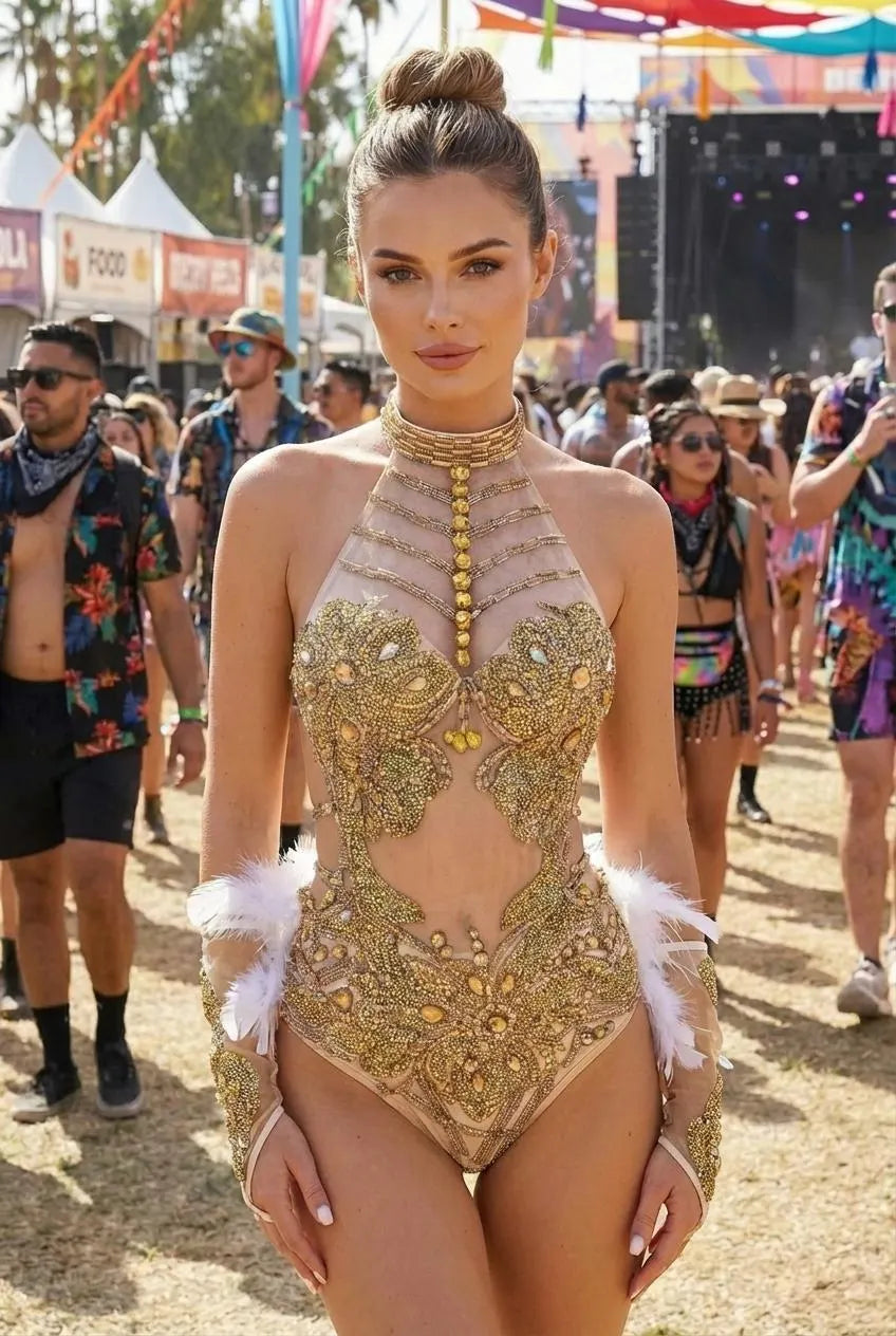 Gold Sequin Rhinestone Bodysuit – Feathered Gloves Festival Costume