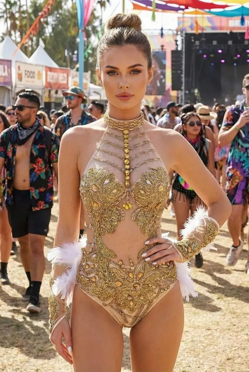 Gold Sequin Rhinestone Bodysuit – Feathered Gloves Festival Costume