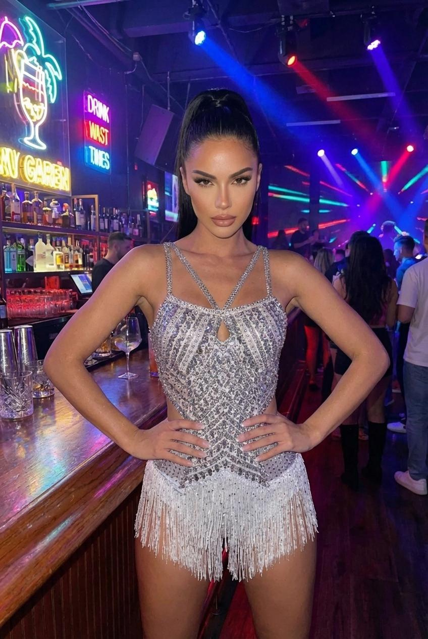 White Rhinestone Fringe Bodysuit for Festival & Party Wear